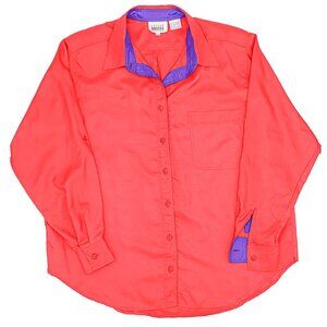 Leslie Fay Red Collared Button Down Blouse Classic Long Sleeve Shirt Office Wear